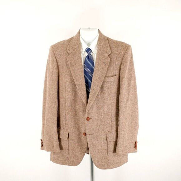 WM F Farah Tweed Wool Tan Herringbone 2 Leather Button Sport Coat 40L Tagged 42L - Picture 5 of 13